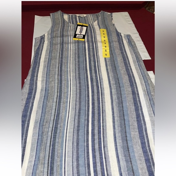 NEW BLUE WHITE LINEN VERTICAL STRIPE Long Dress Pockets Stretchy Beach Summer S - Picture 6 of 12